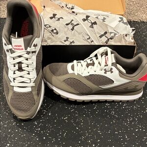Under Armour Taupe and White Mesh Running Shoes with Pink Logo